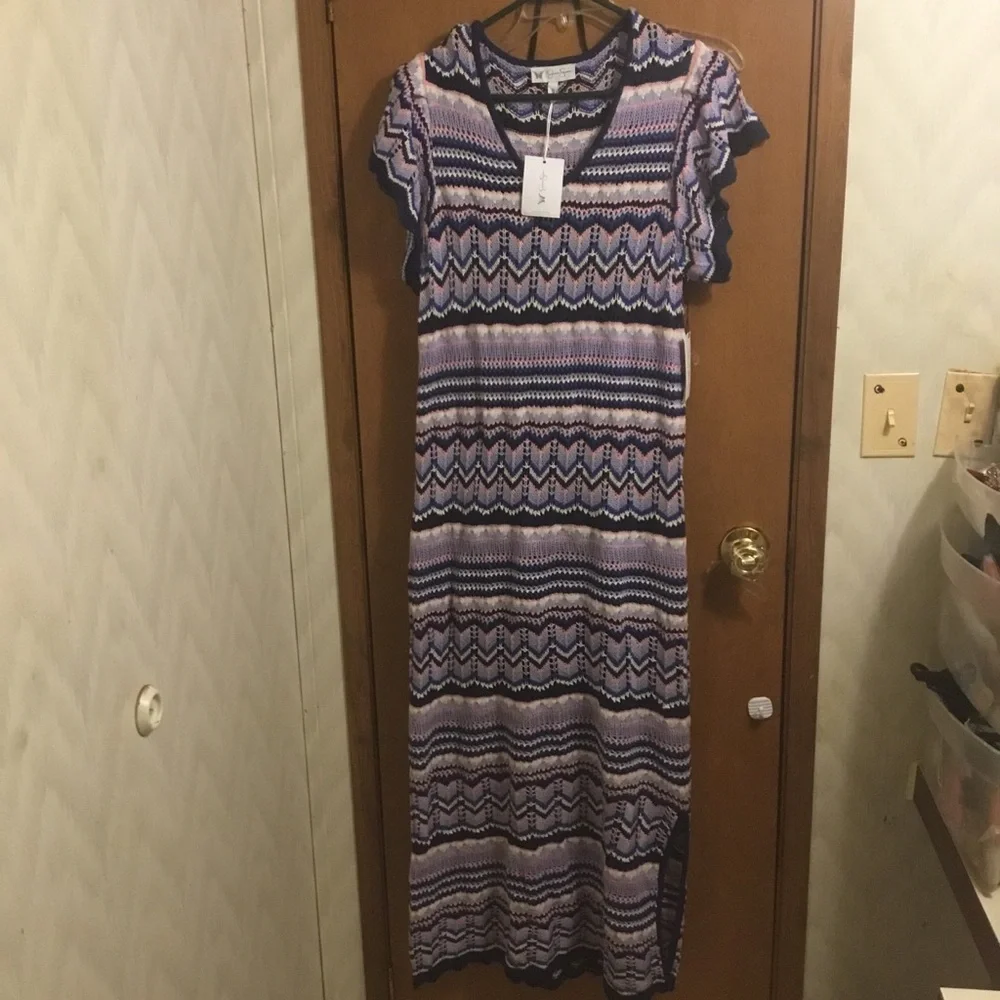 Jessica Simpson Purple Blue and White Striped Chevron Crochet Knit Midi Dress L - Picture 3 of 12